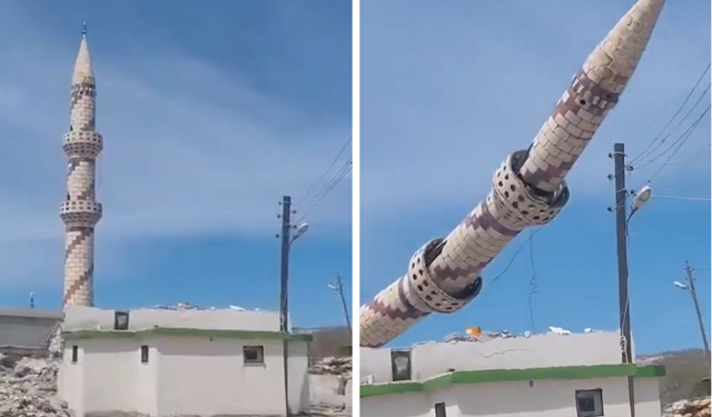 Hasarlı minareye kontrollü yıkım; o anlar kamerada