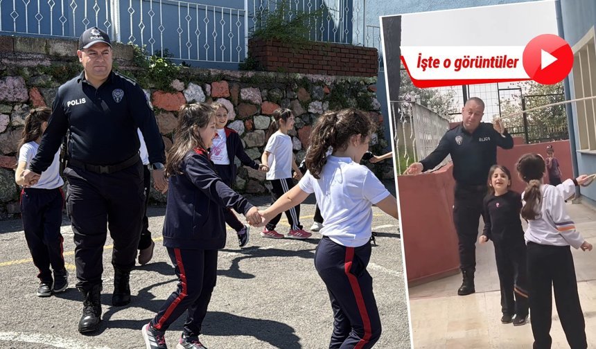 Zonguldak’ta okulda görevli polis, çocuklarla ip atladı