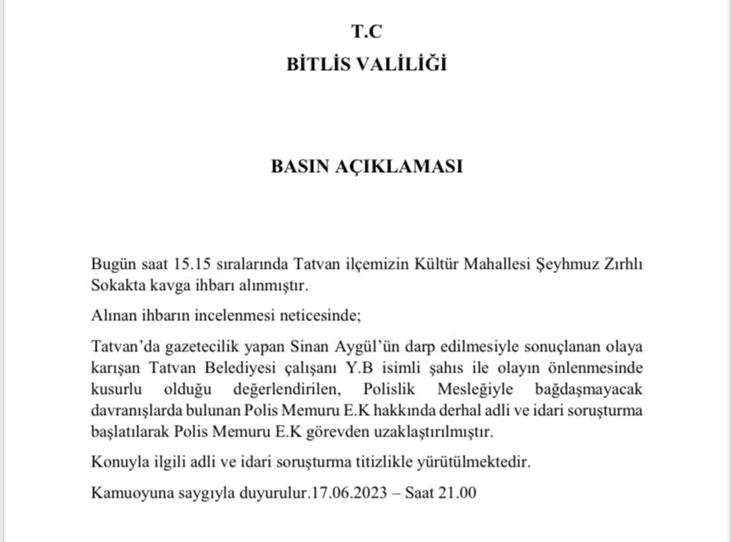 bitlis valiliği sinan aygül tweet