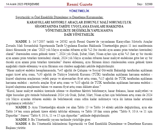 Zorunlu trafik sigortası aylık azami prim artış oranı yüzde 5 olarak belirlendi