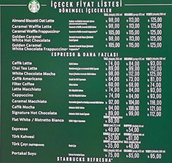 Starbuck fiyat listesi