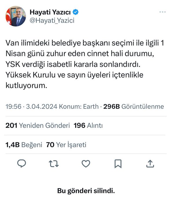 Yazici Ysk Tebrik Tweeti Sildi