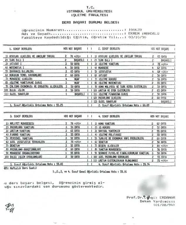 Imamoğlu Mezuniyet Transkripti