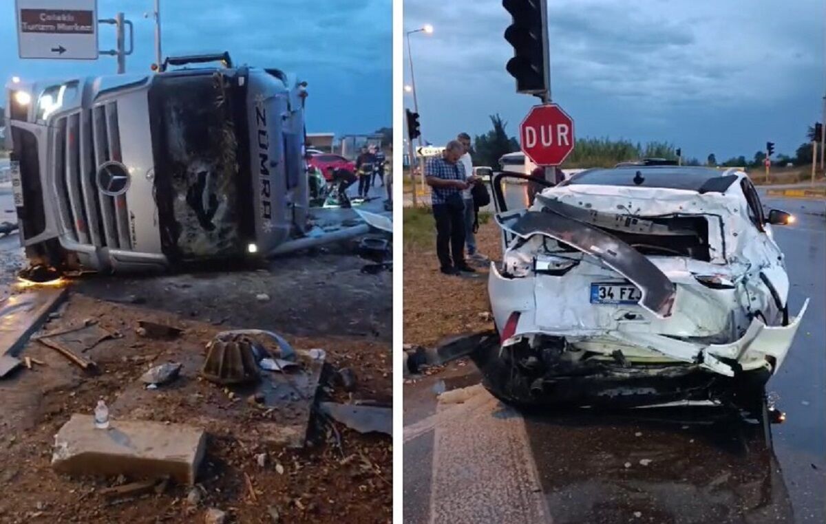 Otomobille çarpışan TIR durağa devrildi: 2 ölü